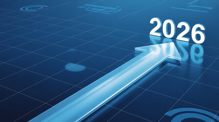 A large blue arrow points upward toward the year 2026 in white text on a grid background