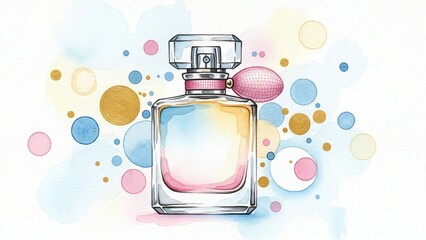 elegant perfume bottle illustration with watercolor pastel circles for beauty blogs, cosmetic websites, fragrance advertising and fashion design, with copy space