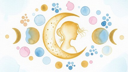 golden moon goddess silhouette within crescent moon and watercolor pastel circles for esoteric blogs, astrology websites, meditation flyers and feminine energy posters, with copy space