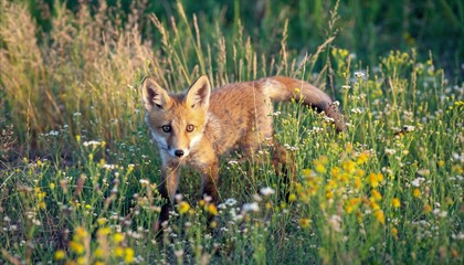 Curious Young Red Fox Kit in Wildflower Meadow at Golden Hour