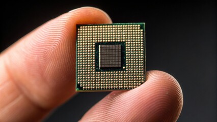 Macro Image of a Hand Holding a Chip on a Dark Background