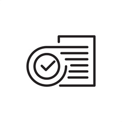 Minimalist line art icon of a document with a large circular checkmark. Ideal for representing approved applications, verified contracts, successful compliance, and completed official paperwork.