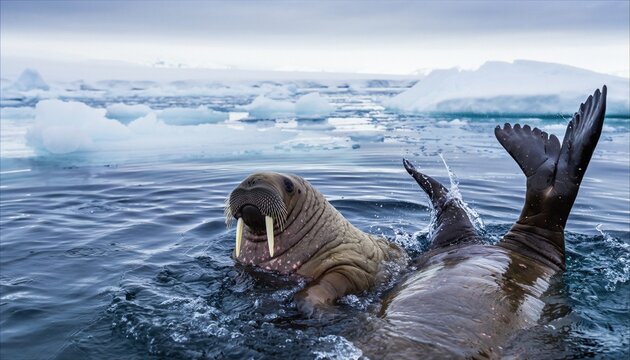Majestic Walrus Splashes in Icy Arctic Waters Amidst Icebergs - Powered by Adobe