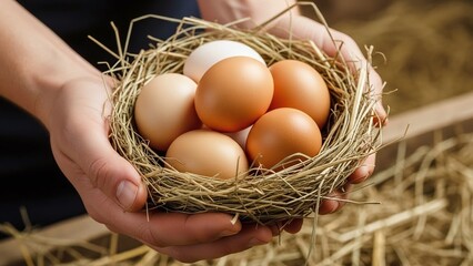 A person's hands holding a straw nest with fresh brown and white eggs against a blurred background, suitable for organic farming blogs, grocery store websites, Easter decorations, cooking classes