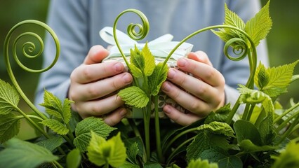 Children's hands are holding a gift box with a ribbon, surrounded by fresh green sprigs and young spring leaves against a blurred background. Suitable for nature blogs, eco-friendly gift guides
