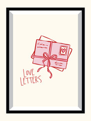 Whimsical Valentine&rsquo;s Day art poster in a frame with hand-drawn ink sketch love doodles and romantic love slogans.