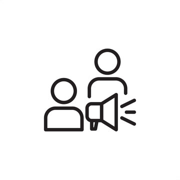 Minimalist line art icon of two people with a megaphone. Perfect for representing public relations, marketing announcements, referral programs, team leadership, and corporate communication concepts.
