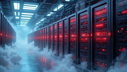 server outage, offline servers, warning symbol, bright red lights, gloomy data center, cyber illustration, high detail, contemporary flat design, minimalism, and digital art