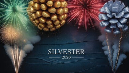 Vibrant Silvester 2026 New Year's Eve Celebration Background with Colorful Fireworks and Elegant Decorative Elements