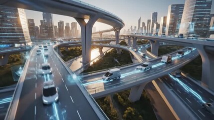 Futuristic City Transportation - Autonomous Vehicles on Elevated Highways. - Powered by Adobe