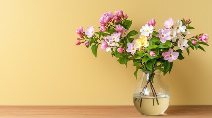 Naklejka premium Fresh Spring Flowers in Glass Vase on Wooden Table with Yellow Background