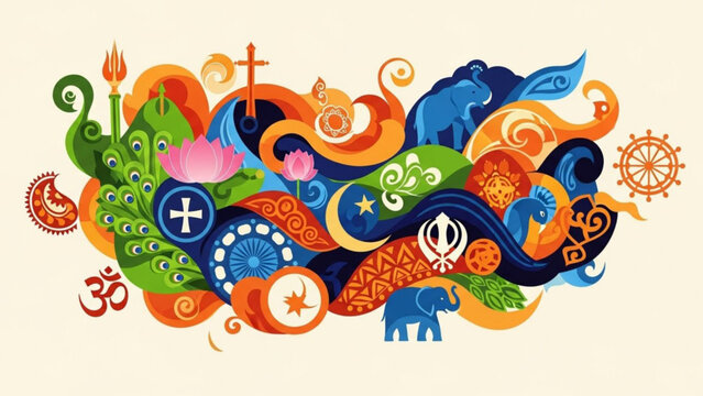 Vibrant illustration of diverse religious symbols and motifs from around the world,
