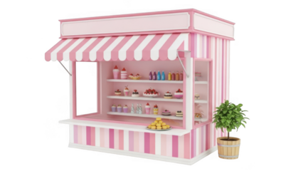 Pink and white striped bakery stall with pastries isolated on transparent background Keywords