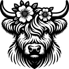 Obraz premium Highland Cow Portrait: A stylized illustration of a highland cow, adorned with a floral crown, in a striking black and white design.