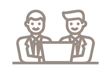 Brown Outline Two Men in Suits at Desk with Laptop Icon on White Background male