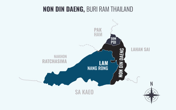 Map showing Non Din Daeng District Buri Ram Thailand divided into sub districts with minimalist colorful patterns