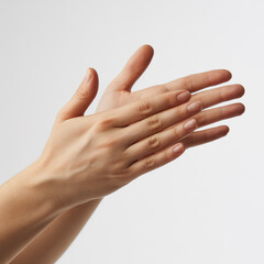 high-resolution close-up caucasian hands clapping gesture on pure white background, clean minimalist studio shot, soft lighting, sharp focus, natural skin texture, commercial stock photo.