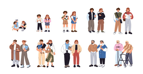 Couples from different generations set. People in romantic relationships in various ages. Family with child. Young, adult and old friends stand together. Flat isolated vector illustrations on white.