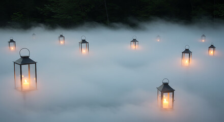 Lanterns Glowing in Foggy Forest Landscape
