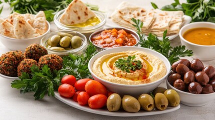 Fototapeta premium Colorful Mediterranean Meze Platter with Hummus and Fresh Ingredients