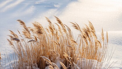 Detailed Close Up Of Dry Golden Reed Grass Plumes Against A Bright Shimmering White Snow And Ice Background On A Cold Winter Morning
