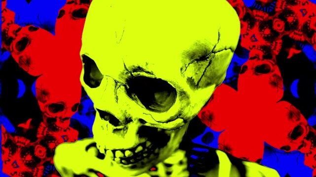 Yellow, red and blue skeletons looped into a dancing or headbanging motion with kaleidoscope effect background.