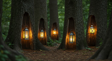 Magical Forest Scene with Glowing Lanterns in Tree Hollows