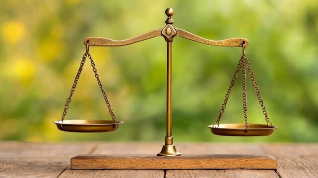 Golden balance scale justice law equality and fairness wooden table with green nature background, symbolizing legal concept and gold antique peaceful