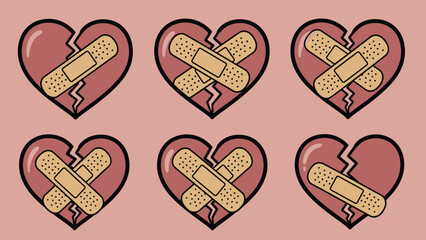 Set of broken hearts being mended with crossed adhesive bandages, symbolizing healing, recovery from heartbreak, and emotional repair.