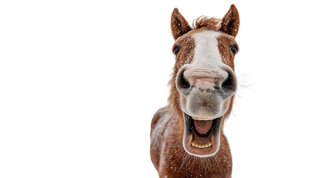 Funny brown horse head with open mouth laughing isolated on transparent background