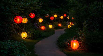 Pathway lit by glowing lanterns in a tranquil garden