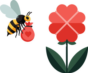 Bee carrying a heart-shaped bag flying towards a flower icon
