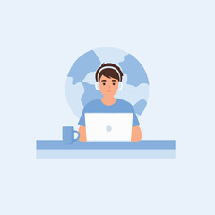 man working on laptop illustration with headphones, desk and coffee mug, modern flat design concept of remote work, online job, freelance, digital workspace and global communication, isolated on no bg