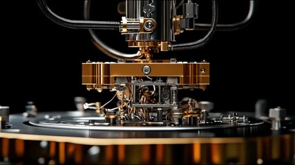Close-up of a complex mechanical apparatus with gold and silver components against a black background. Detailed, precise, futuristic design
