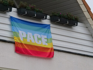 The peace flag is an important symbol of the international peace movement, a variation of the rainbow flag with seven colors (purple to red, &ldquo;reversed&rdquo;), with the word &ldquo;PACE&rdquo; (Italian for peace). 