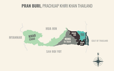 Naklejka premium Map showing Pran Buri District Prachuap Khiri Khan Thailand divided into sub districts with minimalist colorful patterns
