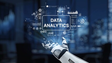 A robotic hand showcases a data analytics theme with interactive graphs and icons, emphasizing the convergence of technology and business insights. Perfect for tech visuals. Synapse