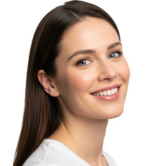 Beautiful young female smiling brightly on a transparent background, possibly for professional use in promotional material or advertising.