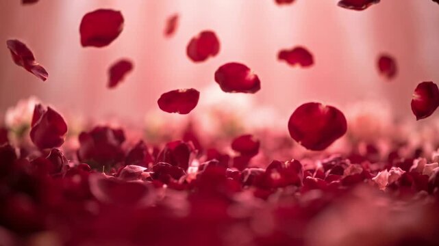 Abundant red rose petals falling gracefully onto a bed of flowers in slow motion against a romantic, soft pink background, creating a beautiful and delicate scene perfect for celebrations