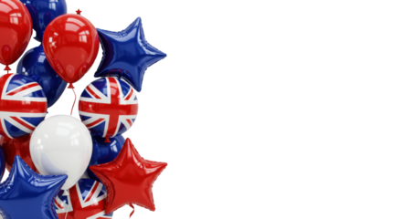 Multiple metallic foil balloons and star shapes, red, white, blue, British Union Jack, clustered left/bottom on a transparent background with copy space right, modern patriotic celebration concept