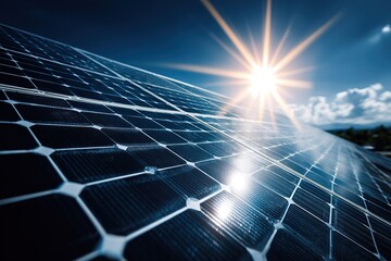 Solar panels collect sunlight in a green energy setup on a clear day with sunlight shining brightly in the sky