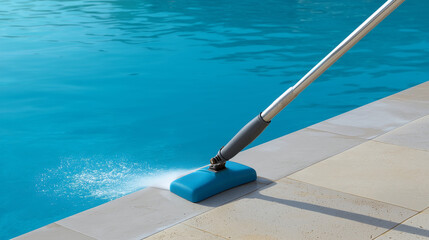 Power washing cleaning a poolside concrete area, water splashing across light stone surface, sunny outdoor leisure environment, emphasis on hygiene and safety, upscale residential