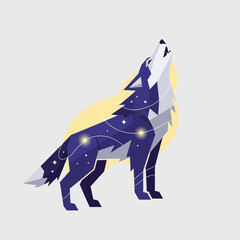 Obraz premium Geometric wolf howling with stars and celestial elements.