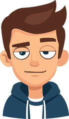 Cartoon male avatar calm neutral expression, relaxed confident character face, hoodie boy portrait, modern flat vector illustration isolated design