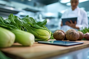 Chef preparing fresh vegetables in a kitchen setting while using a tablet to check recipes or instructions