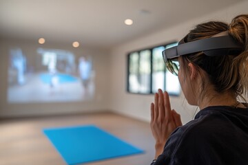 Woman practices yoga using virtual reality in a bright room during the daytime