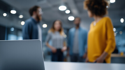 Fototapeta premium Faceless group of young creative business brainstorm meeting, heavily defocused office background, anonymous team discussing roadmap to product launch, planning strategy business d