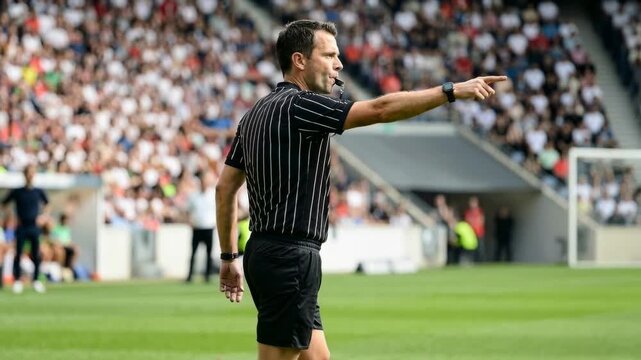 Football referee standing on the green grass of a stadium, pointing with his arm and blowing his whistle during an important championship match with a crowded grandstand in the background