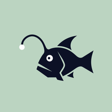Dark silhouette of an anglerfish with a glowing lure.