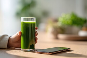 Fresh green drink sits next to a smartphone on a wooden table in a bright room with plants in the background